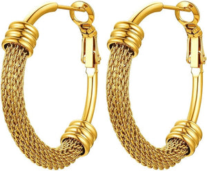 18K Gold Mesh And Polished Hoop Earrings