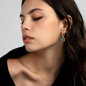 18k Gold Green Emerald- Cut  Drop Quartz Earrings