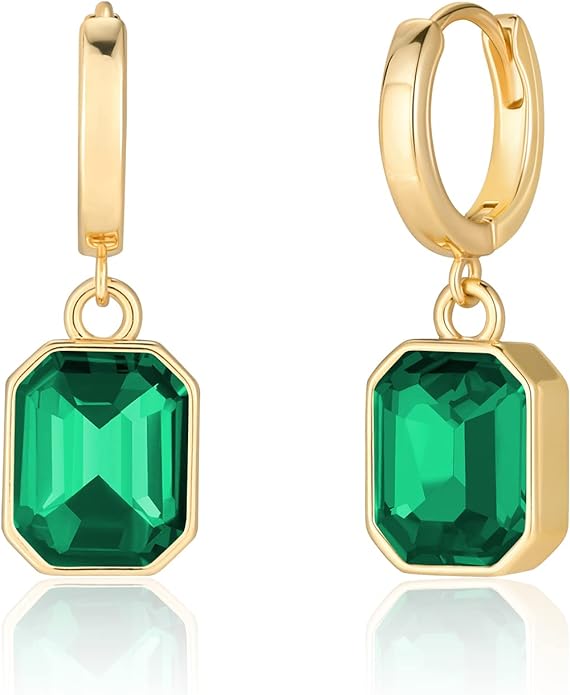 18k Gold Green Emerald- Cut  Drop Quartz Earrings