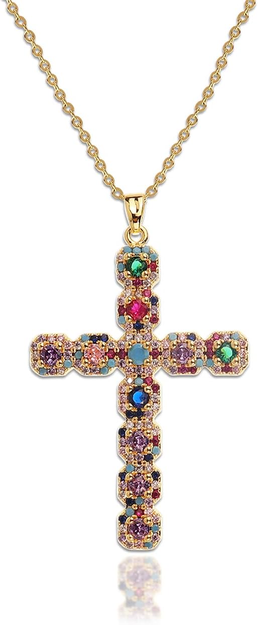 18K Gold Multi Color Cross Necklace