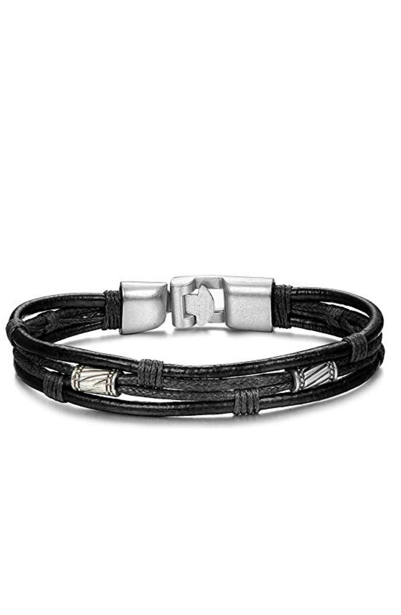 Silver & Black Leather Bracelet – Liv Oliver